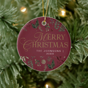 Ornamento De Cerâmica Tipografia Botânica Moderna Vermelha de Natal