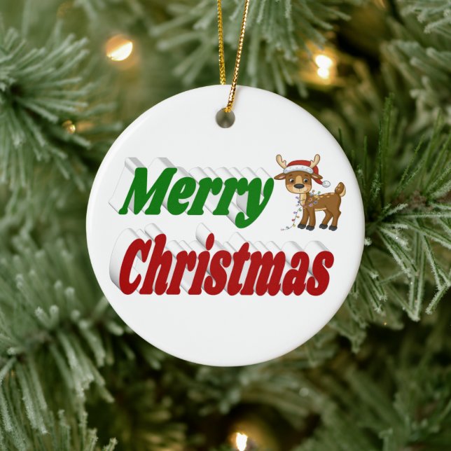Ornamento De Cerâmica Tipografia de Merry Christmas Reindeer (Árvore)