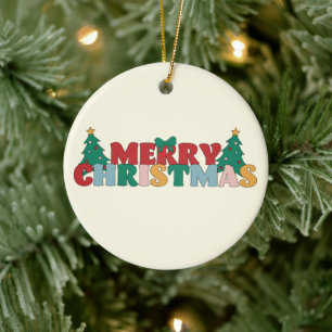 Ornamento De Cerâmica Tipografia de Natal Feliz Árvore de Pinheiros Deco