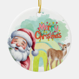 Ornamento De Cerâmica Tipografia Feliz Natal e Luzes & Veados