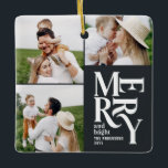 Ornamento De Cerâmica tipografia negra colorida multifoto moderna<br><div class="desc">Gráfico colorido,  gráfico preto,  feliz de de natação de Natal múltiplo,  gráfico colorido,  design. Parte de uma coleção de feriados divertida.</div>