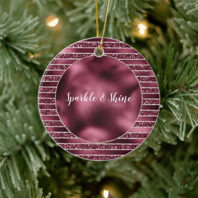 Ornamento De Cerâmica Tiras da Rosa vermelha Glam Burgundy Blush Glitter (Árvore)