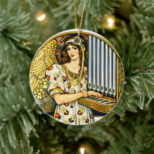 Ornamento De Cerâmica Toca-Órgão Anjo Art Nouveau Vintage Música