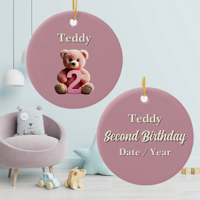 Ornamento De Cerâmica Todler Girl segundo aniversário Rosa Teddy Bear Ma (Toddler girl 2nd birthday ornament cute pink teddy bear second birthday keepsake date year name)