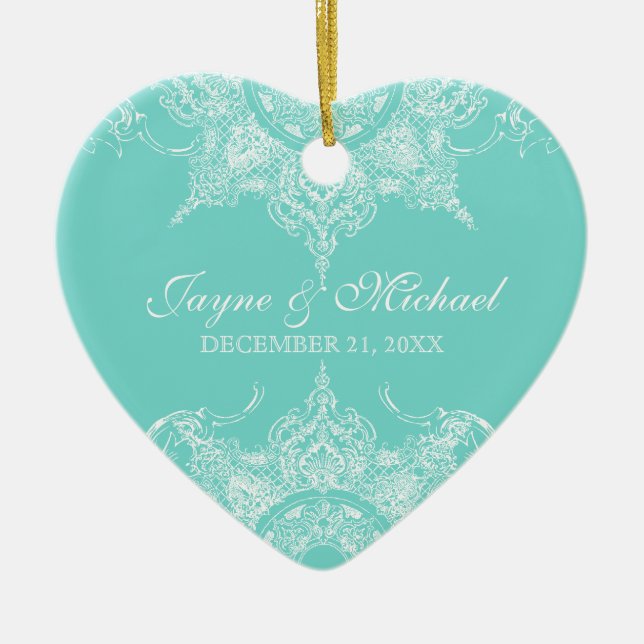 Ornamento De Cerâmica Toile Damask Swirl Primeiro Natal Aqua Azul (Frente)