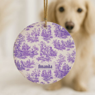 Ornamento De Cerâmica Toile de Jouy monograma floral roxo vintage
