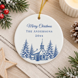 Ornamento De Cerâmica Toile de Natal Azul Vintage Igreja