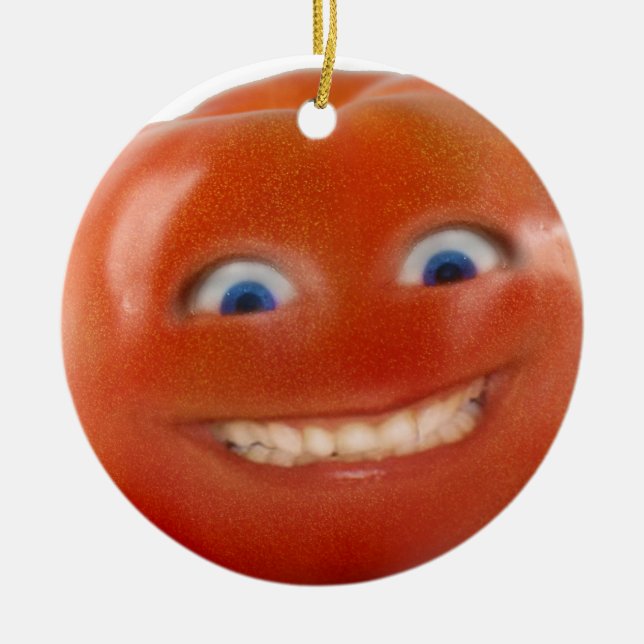 Ornamento De Cerâmica Tomate Sorridente de Rosto Feliz (Frente)