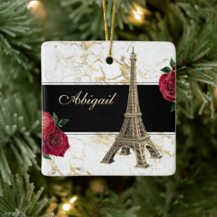 Ornamento De Cerâmica Torre Eiffel Dourada, Rosa de mármore branco no N