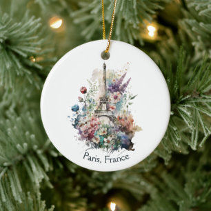 Ornamento De Cerâmica Torre Eiffel Florais Aquarela, Paris França