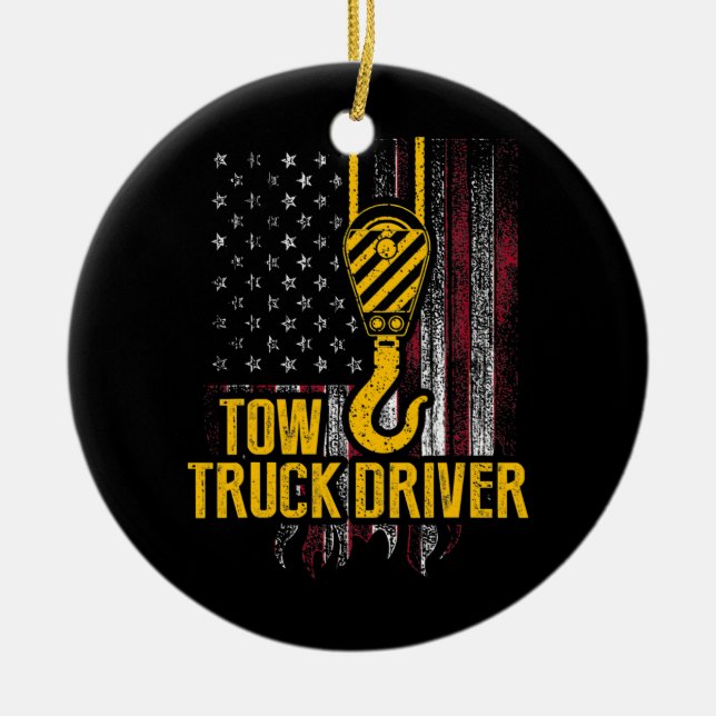 Ornamento De Cerâmica Tow Truck Driver USA Flag Trucker  (Frente)