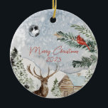 Ornamento De Cerâmica Tradicional Snowy Winter Wonderland Red Cardeal<br><div class="desc">Design de Natal do Cardeal Feriado de Neve Winter Wonderland Deer. Apresentando um belo verde de inverno, um cervo e um cardeal vermelho e uma lua mágica em uma terra maravilhosa de neve mágica de inverno. Com uma frase "Feliz Natal 2023". Por Criações Miri - Criadas Para Você Apenas A...</div>