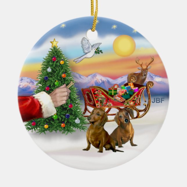 Ornamento De Cerâmica Tratamento para Dois Dachshances (vermelho/marrom) (Frente)