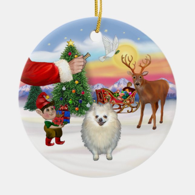 Ornamento De Cerâmica Tratamento para uma Pomerânia Branca (Frente)