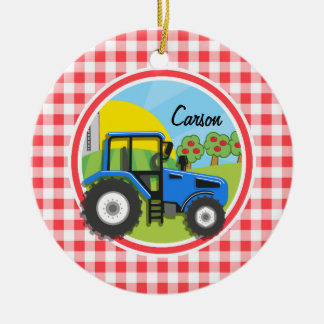 Ornamento De Cerâmica Trator Azul; Gingham Vermelho e Branco