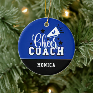 Ornamento De Cerâmica Treinador animado personalizado azul e preto
