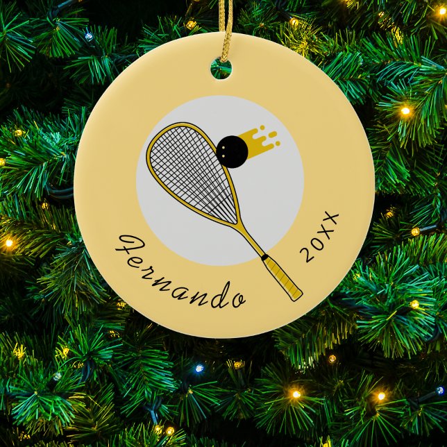 Ornamento De Cerâmica Treinador do Squash Player Racket & Ball Name Ano  (Criador carregado)