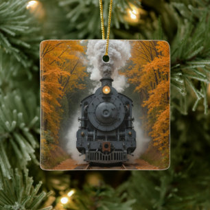 Ornamento De Cerâmica Trem de Locomotiva a Vapor Antiga em Bosques de Ou