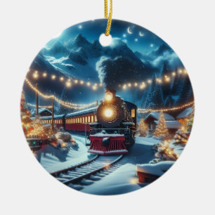 Ornamento De Cerâmica Trem de Natal Mágico com Paisagem Invernal Nevada