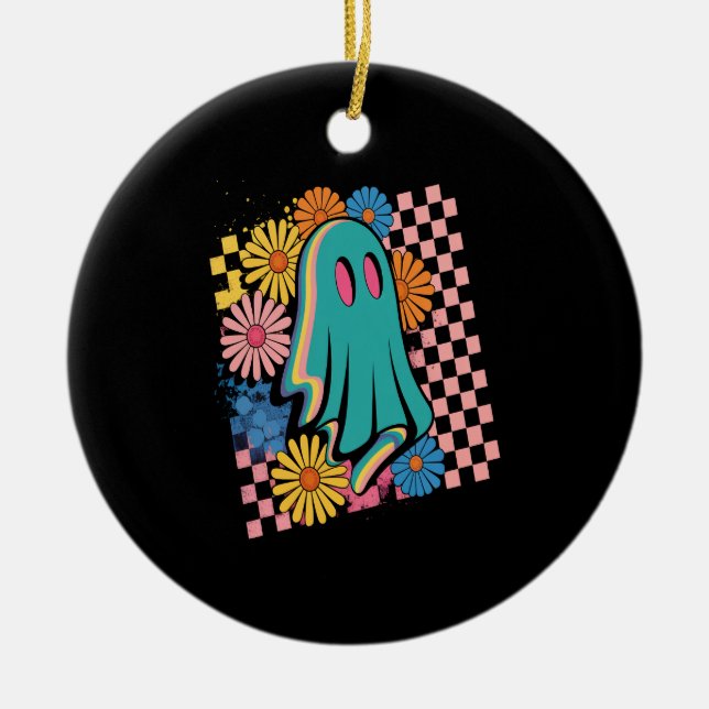 Ornamento De Cerâmica Trendy Neon Floral Ghost Halloween (Frente)