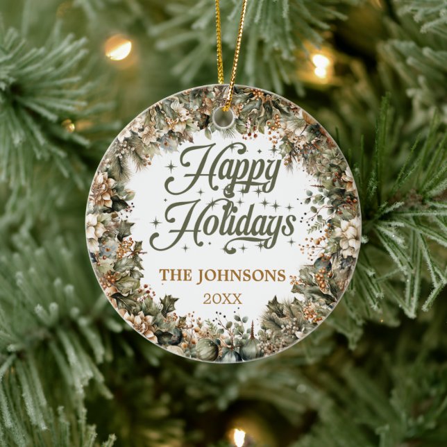 Ornamento De Cerâmica Trendy Sage Green Faux gold Happy Holidays Family (Árvore)