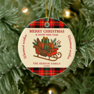 Ornamento De Cerâmica Trenó de Natal Vintage com Presentes e Xadrez