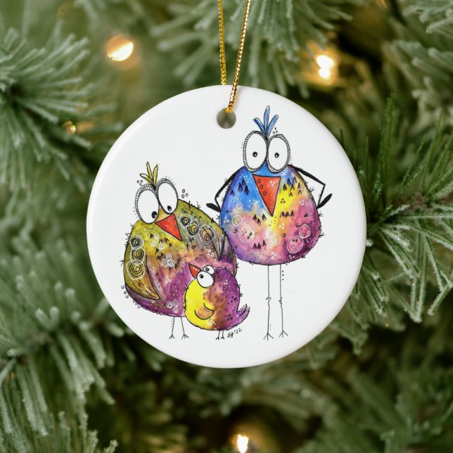 Ornamento De Cerâmica Três Belas Aves Coloridas Brancas (Árvore)