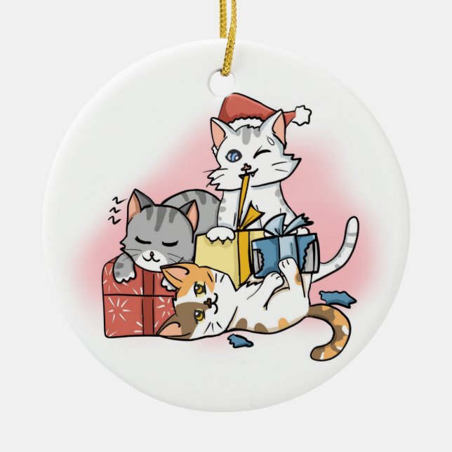 Ornamento De Cerâmica Três Bons Brinquedos de Natal Gatinhos Desembrulha (Frente)