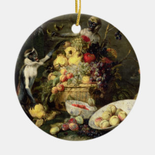 Ornamento De Cerâmica Três macacos que roubam a fruta (óleo em canvas)