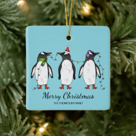 Ornamento De Cerâmica Três Pinguins Festivos de Natal Com Texto Personal