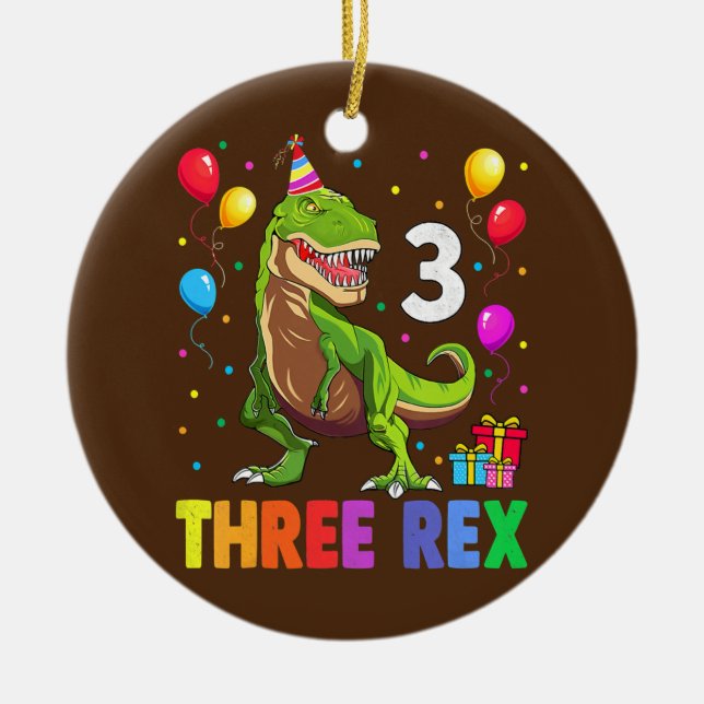Ornamento De Cerâmica Três Rex Aniversário 3 Anos Dinossauro 3rd T Trex (Frente)
