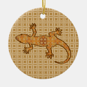Ornamento De Cerâmica Tribal batik Gecko - ferrugem, âmbar e bronzeada