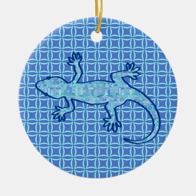 Ornamento De Cerâmica Tribal batik Gecko - pasta azul denim (Frente)