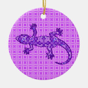 Ornamento De Cerâmica Tribal batik Gecko - violeta e ametista roxo