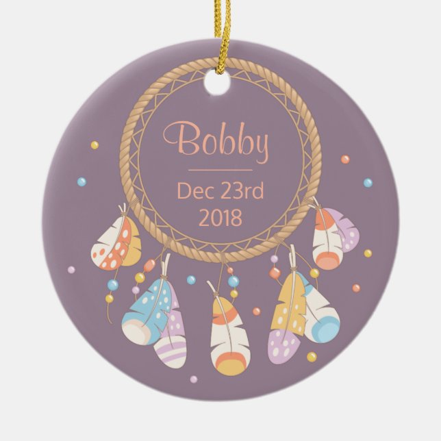 Ornamento De Cerâmica Tribal Dreamcatcher Boho New Baby Keepsakê (Frente)