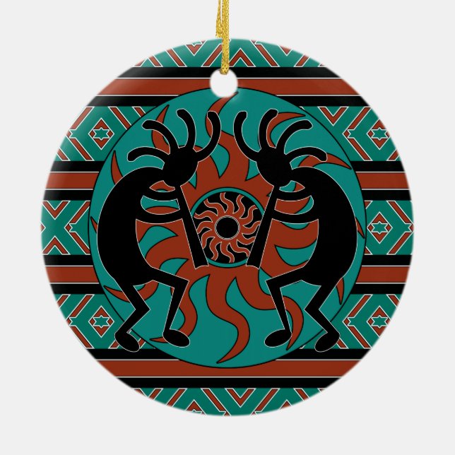 Ornamento De Cerâmica Tribal Sun Turquoise Kokopelli Sudoeste Natal (Traseira)