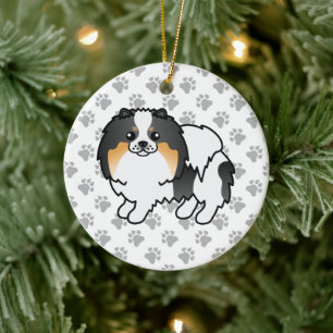 Ornamento De Cerâmica Tricolor branco - Pomerânia - Cartoon Cão e patas