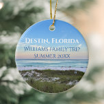 Ornamento De Cerâmica Trilha de Natal da Família Personalizada da Praia<br><div class="desc">Este Enfeites de natal de praia pitoresco de Destin Florida apresenta o lindo pôr do sol rosa e laranja tocando suavemente as ondas do oceano sobre a areia e a grama do mar. Lindo lembrança de guarda costeira com data de viagem personalizada e sobrenome familiar para seu lugar de férias...</div>