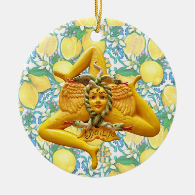 Ornamento De Cerâmica Trinacria Sicília Itália Pride Lemon Blue (Frente)