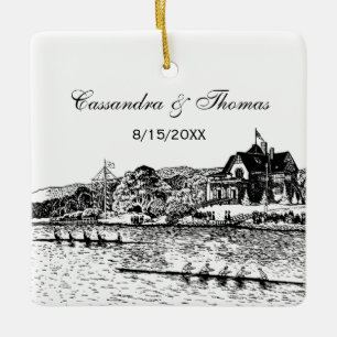 Ornamento De Cerâmica Tripulação de Remadores Corre Com Boathouse Preto