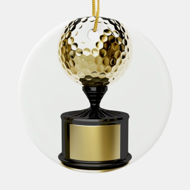 Ornamento De Cerâmica Troféu Dourado com bola de golfe (Frente)
