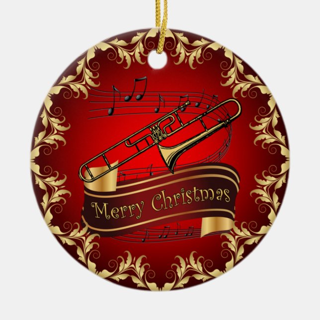 Ornamento De Cerâmica Trombone ~ Rolar Musical ~ Feliz Natal ~ * ~ (Frente)