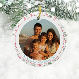 Ornamento De Cerâmica Tropical Christmas Pink Flamingo Family Photo