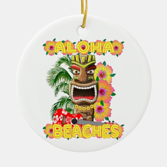 Ornamento De Cerâmica Tropical Funny Aloha Beaches Hawaiian Tiki (Frente)