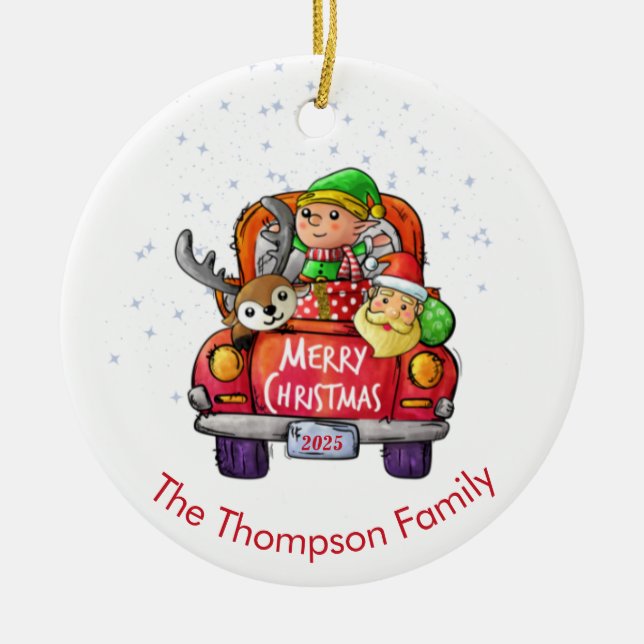 Ornamento De Cerâmica Truque Vermelho Cinto Nome Papais noeis Elf Reinde (Frente)