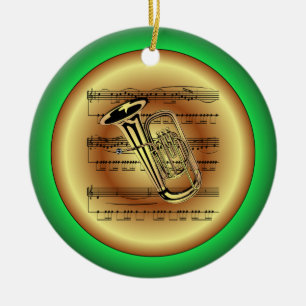 Ornamento De Cerâmica Tuba ~ Folha Música ~ Vermelho/Verde/Dourado ~ Na