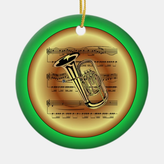 Ornamento De Cerâmica Tuba ~ Folha Música ~ Vermelho/Verde/Dourado ~ Nat (Frente)