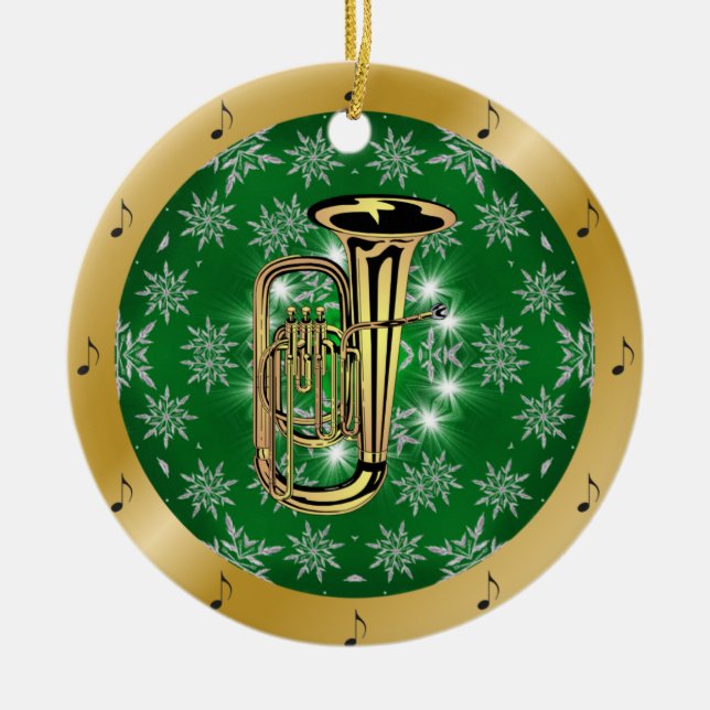 Ornamento De Cerâmica Tuba ~ Silver ~ Verde ~ Dourado ~ Natal ~ (Frente)