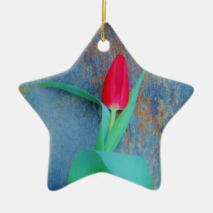 Ornamento De Cerâmica Tulipa Vermelha na Cinza Azul