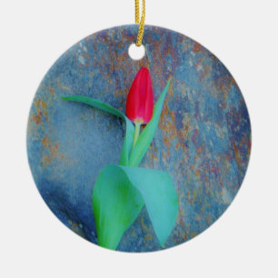 Ornamento De Cerâmica Tulipa Vermelha na Cinza Azul
